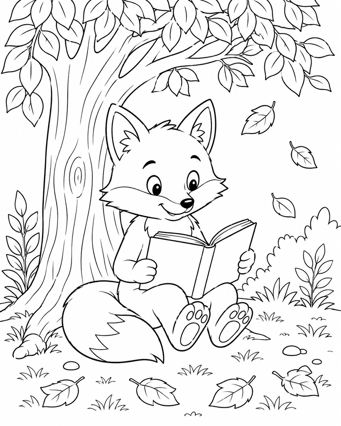Fox Reading a Book printable coloring page line art