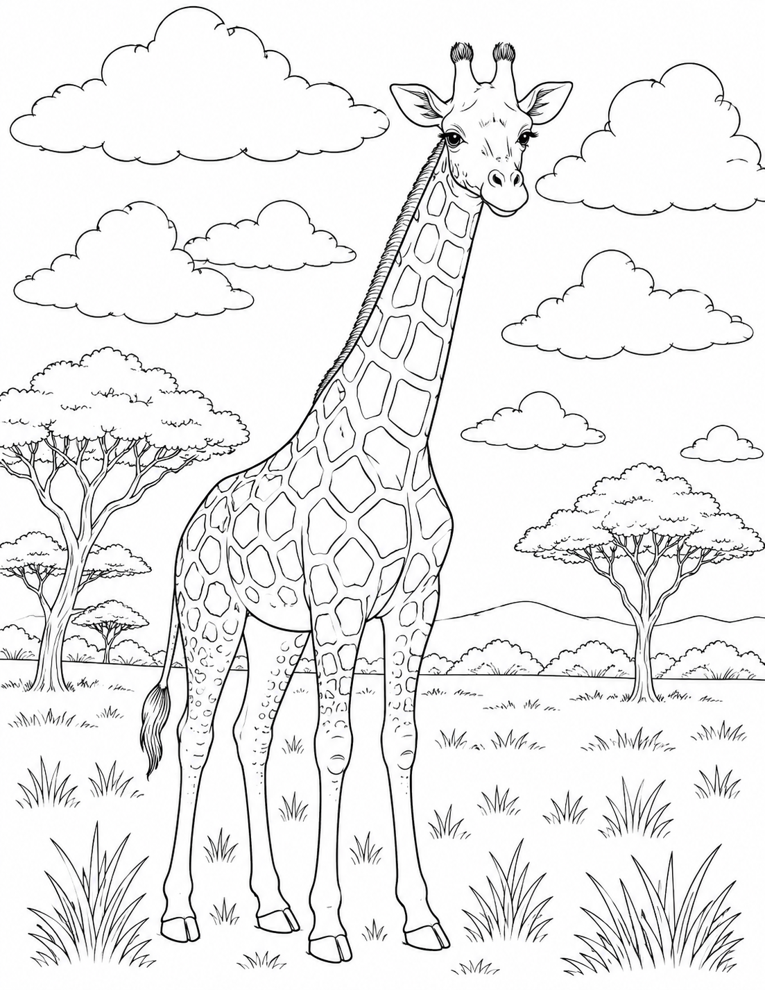 Giraffe with Birds printable coloring page line art