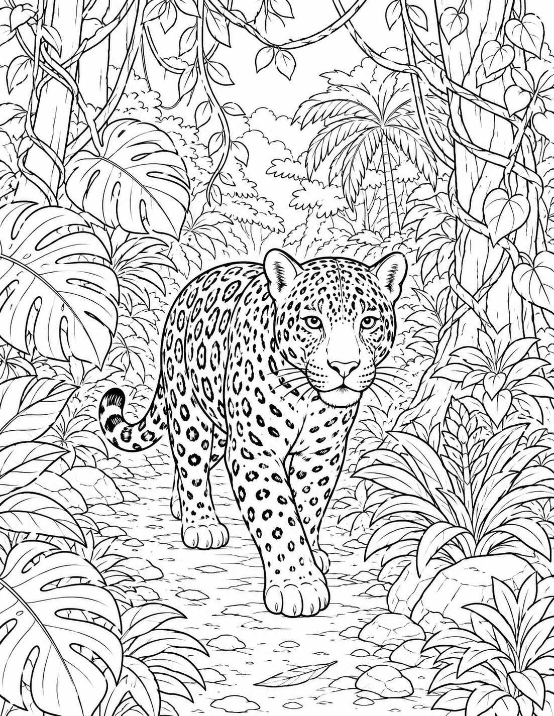 Jaguar in the Jungle printable coloring page line art