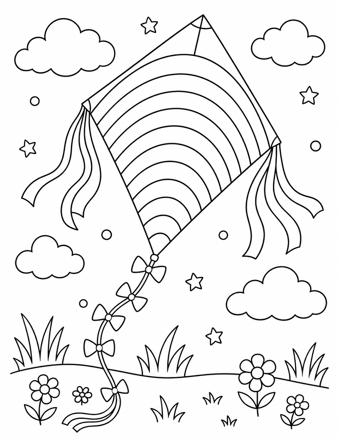 Kite Flying printable coloring page line art