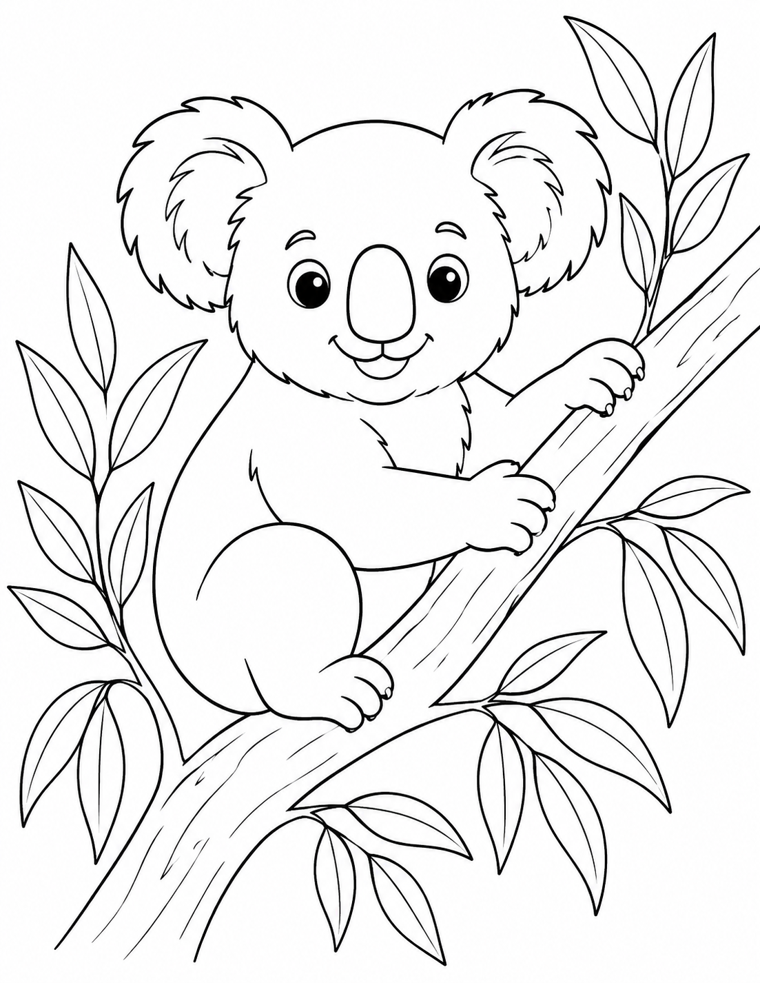 Koala in a Tree printable coloring page line art