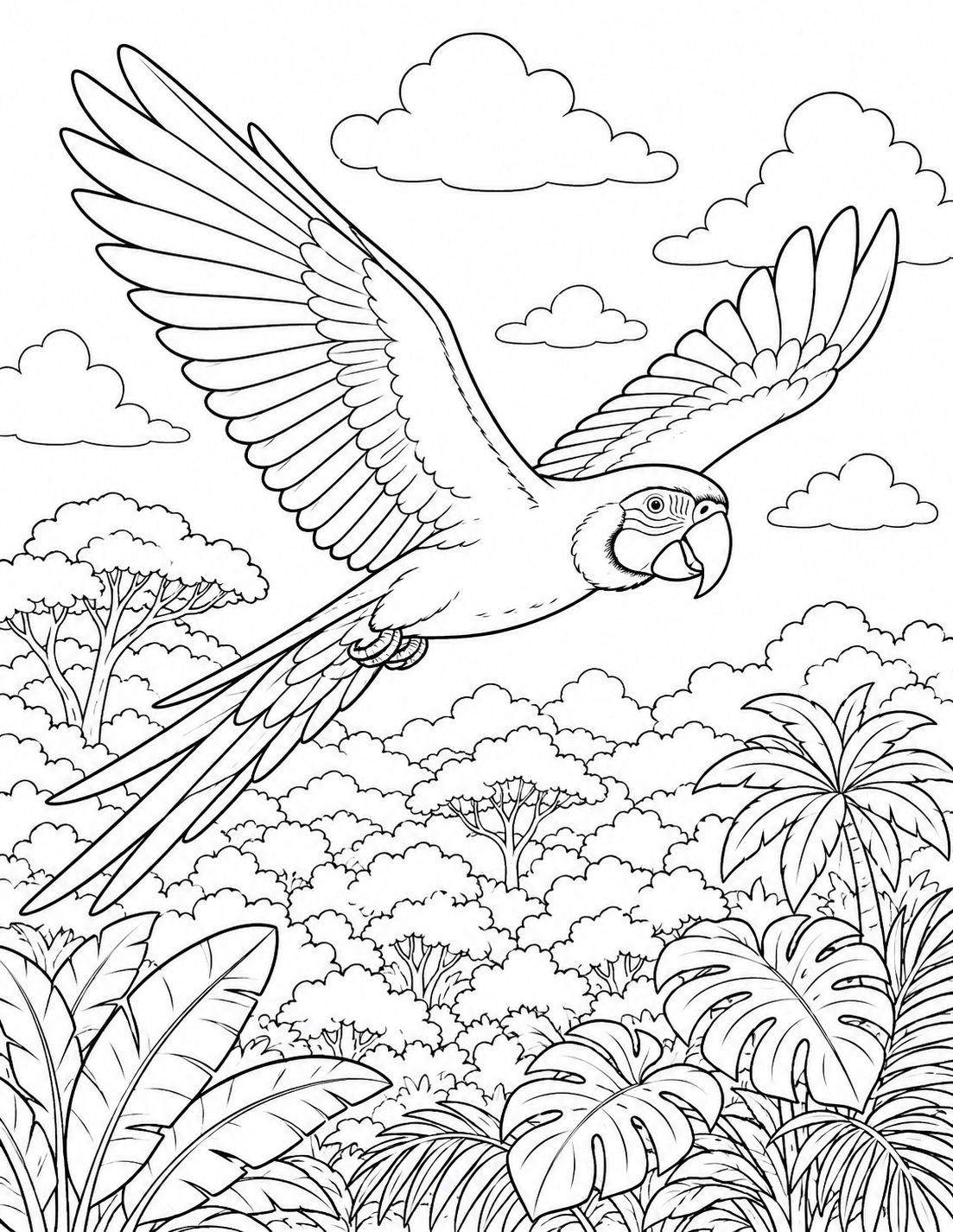 Macaw Flying Over the Canopy printable coloring page line art