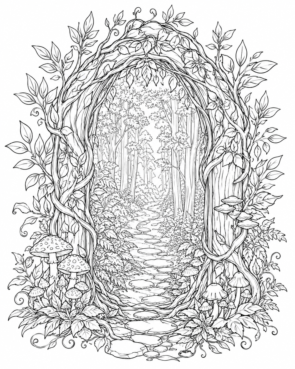 Magical Forest Archway printable coloring page line art