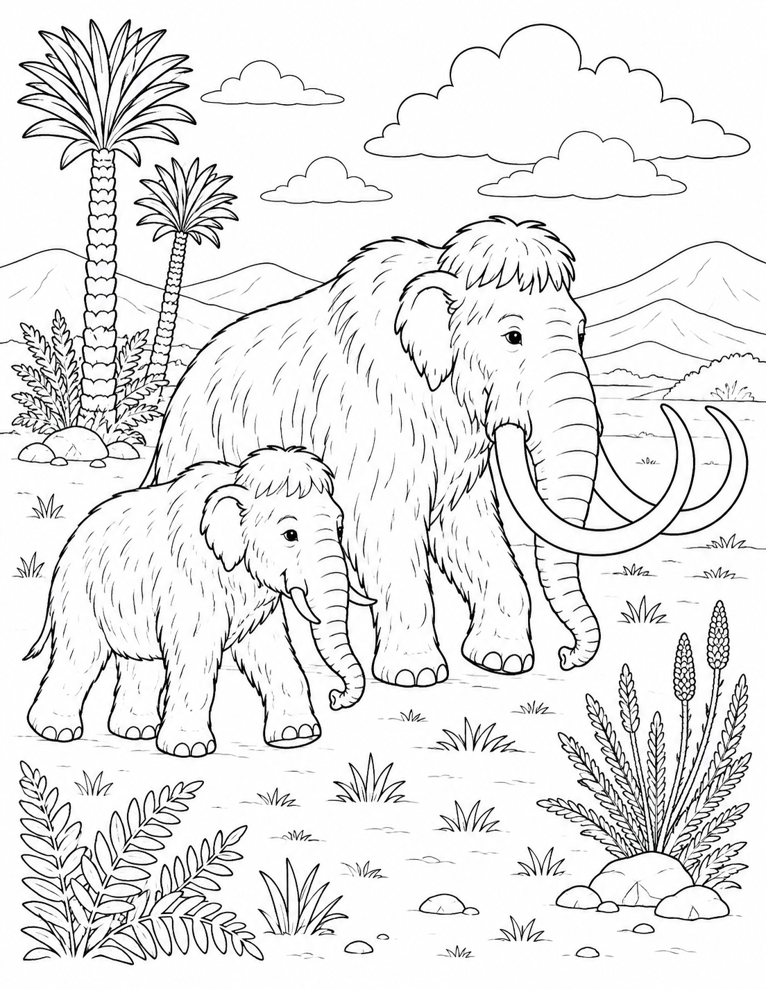 Mammoth with Calf printable coloring page line art