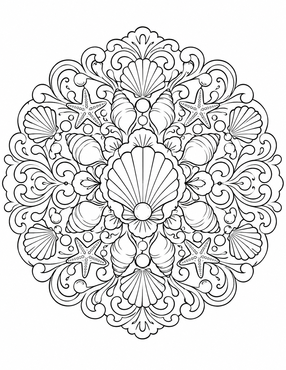 Ocean Shell Medallion printable coloring page line art