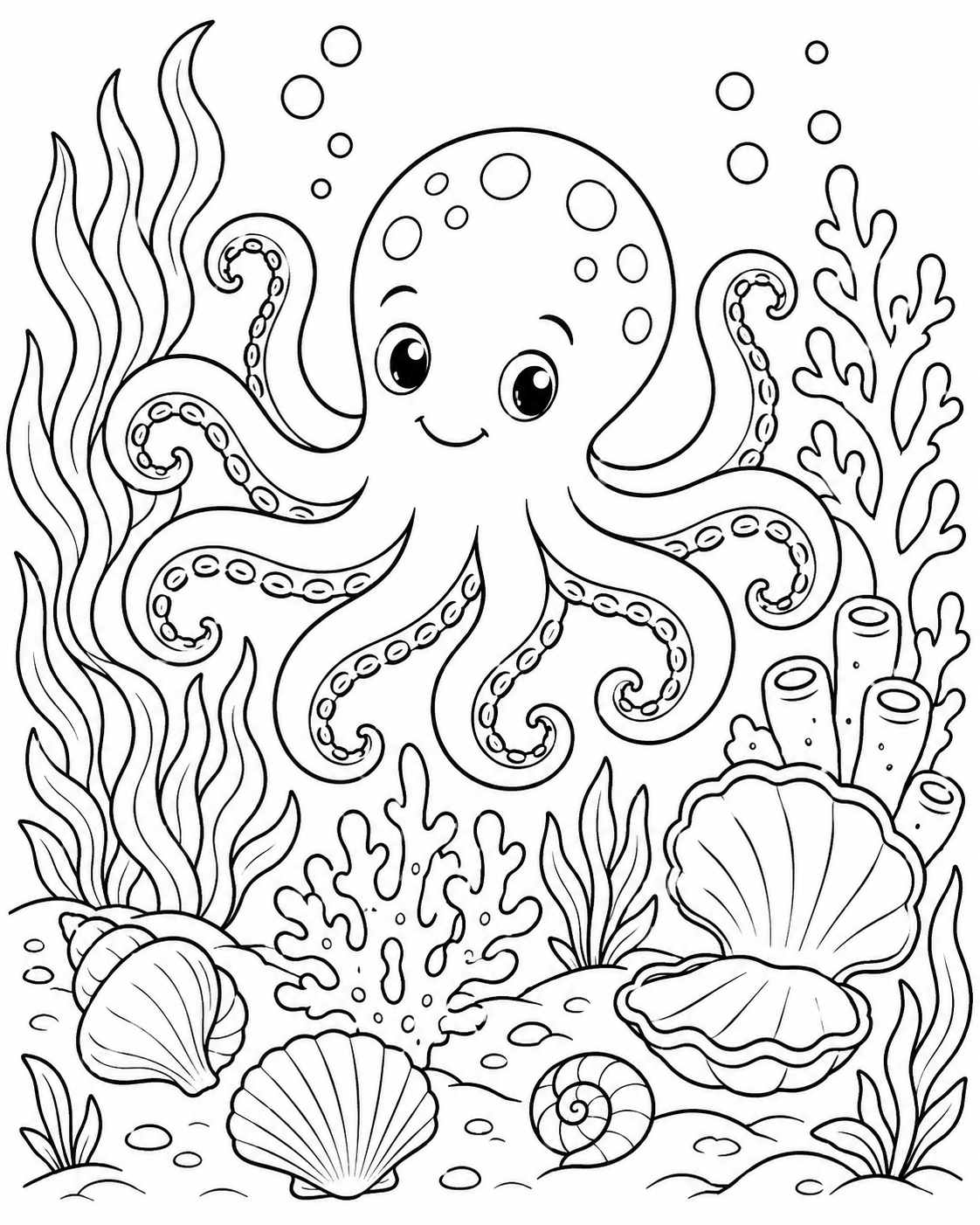 Octopus on the Reef printable coloring page line art