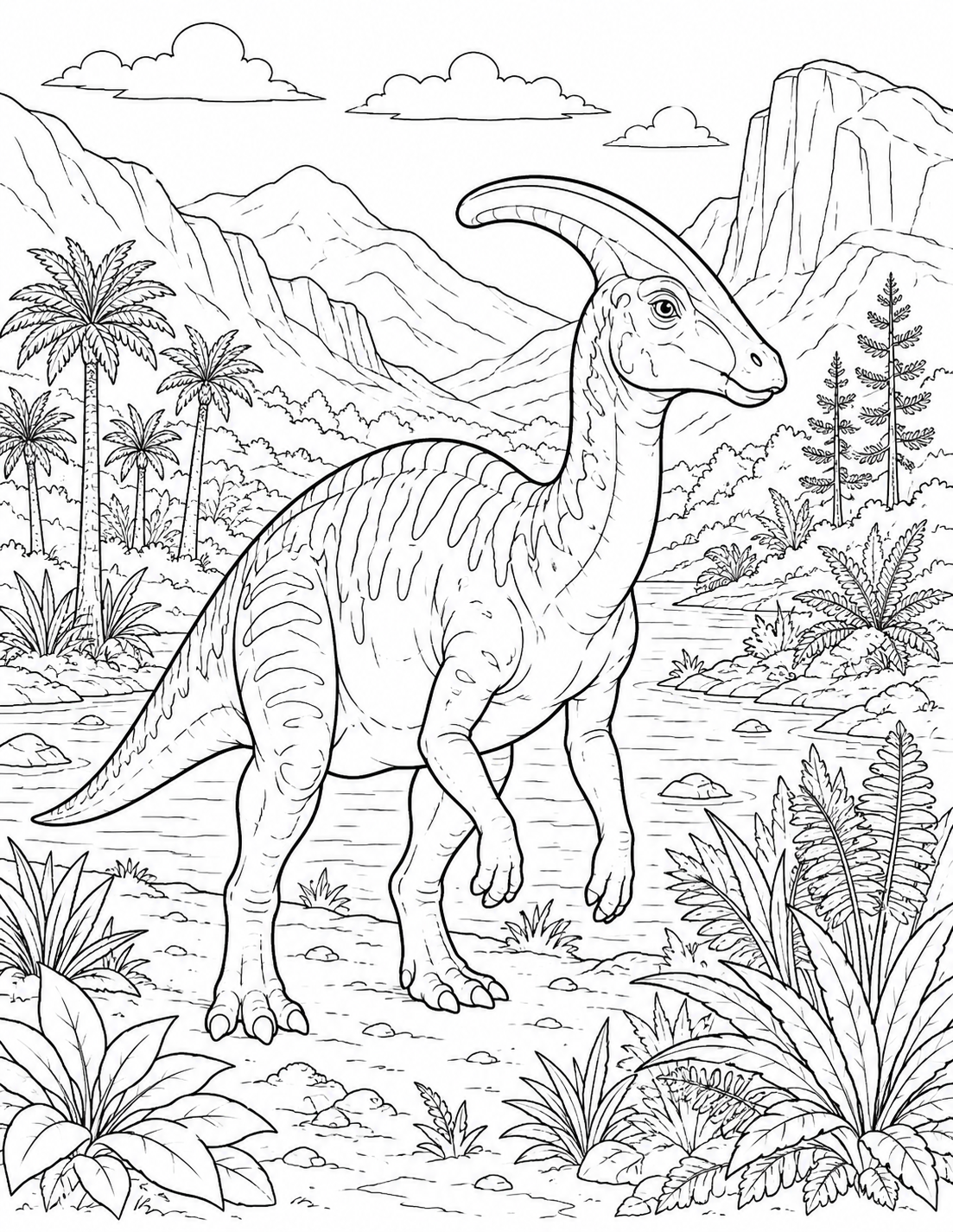 Parasaurolophus Walking printable coloring page line art
