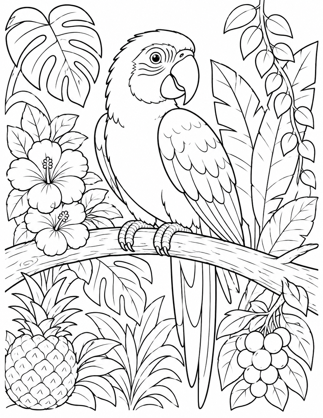 Parrot in the Rainforest printable coloring page line art