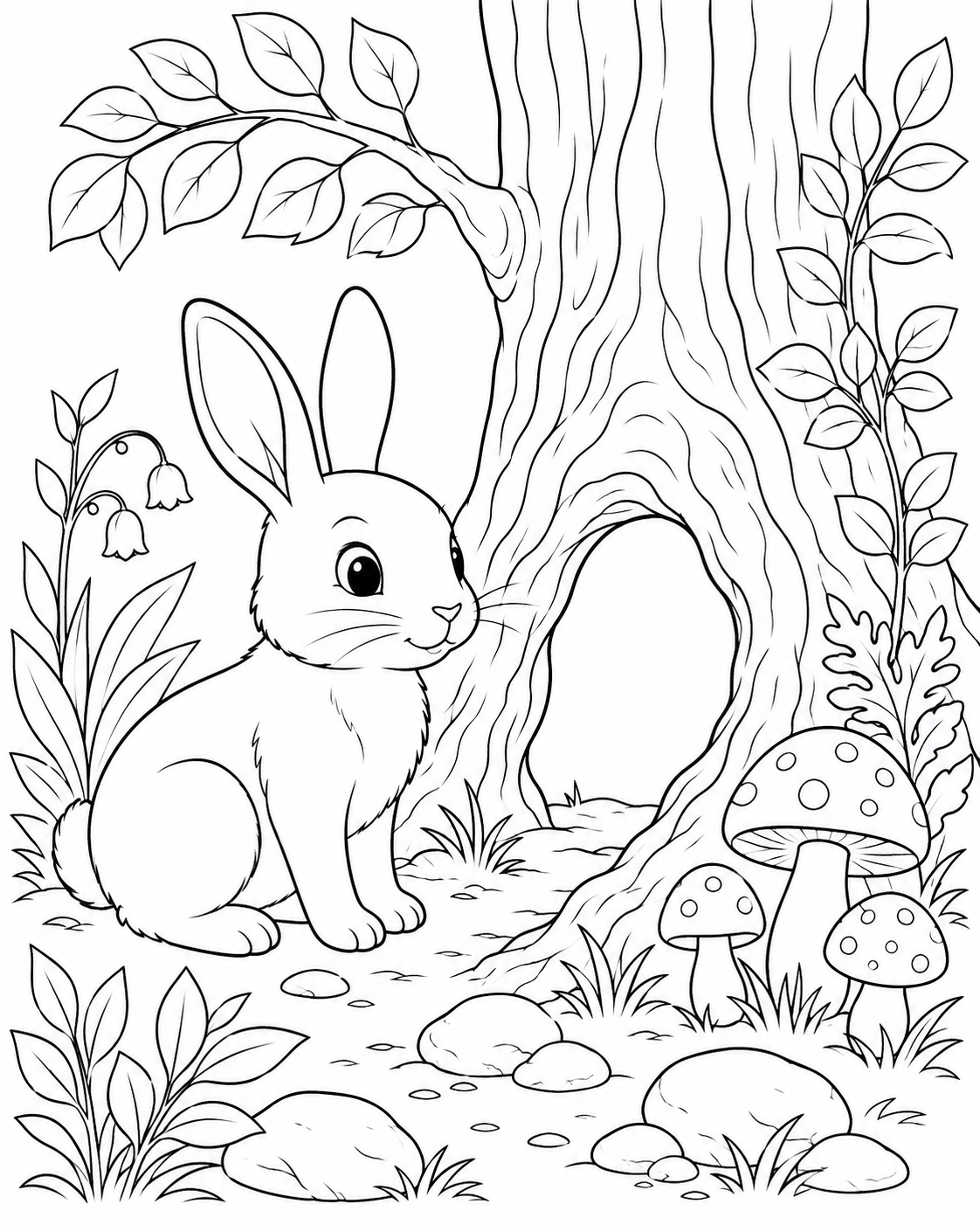 Rabbit in the Forest printable coloring page line art