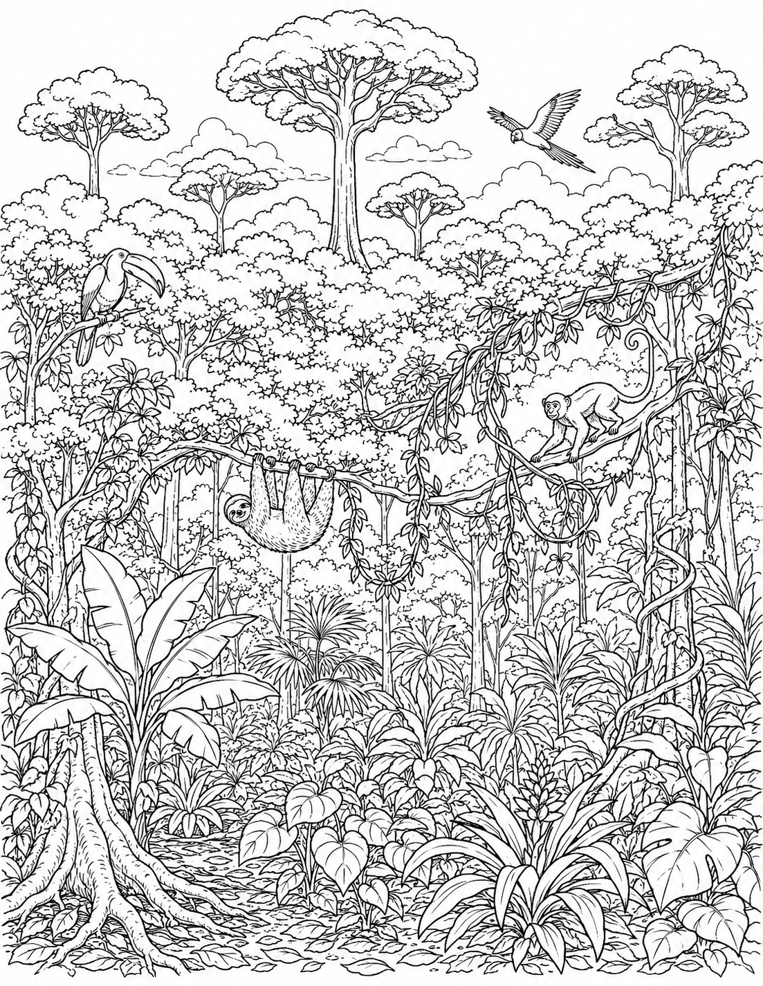 Rainforest Canopy Scene printable coloring page line art