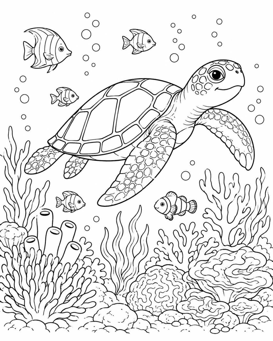 Sea Turtle Swimming printable coloring page line art
