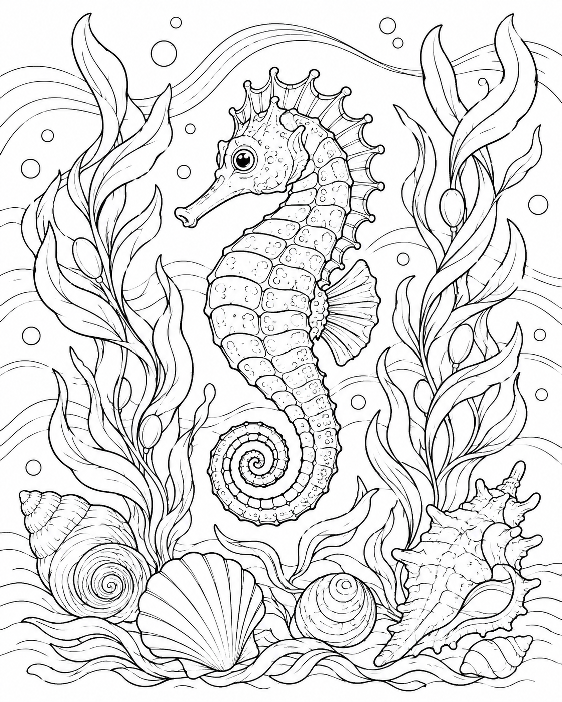 Seahorse Among Seaweed printable coloring page line art