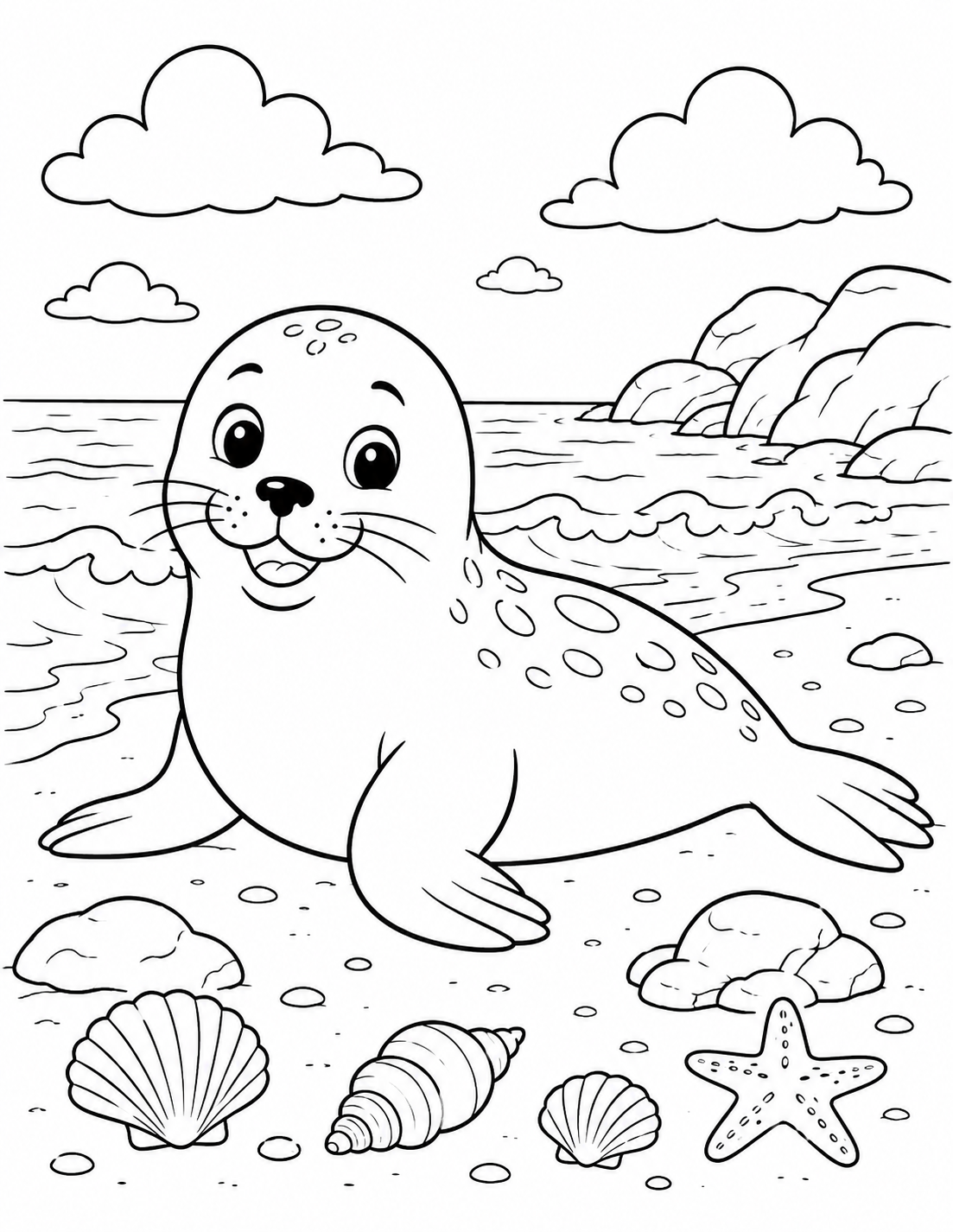 Seal Pup on the Beach printable coloring page line art