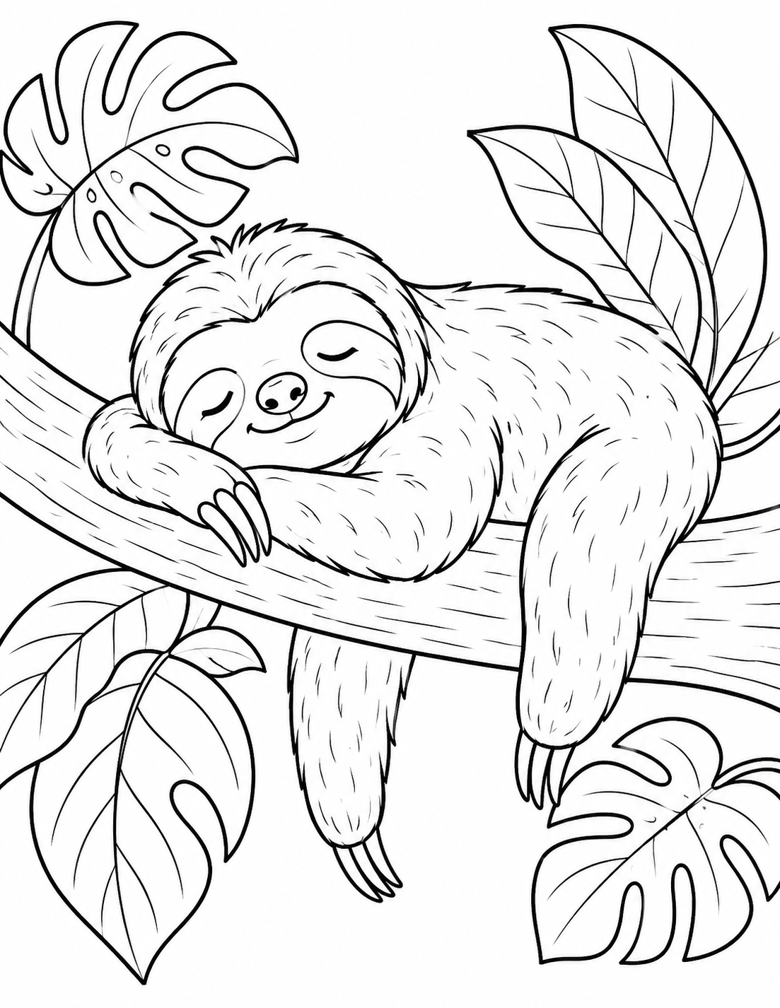 Sleeping Sloth on a Branch printable coloring page line art