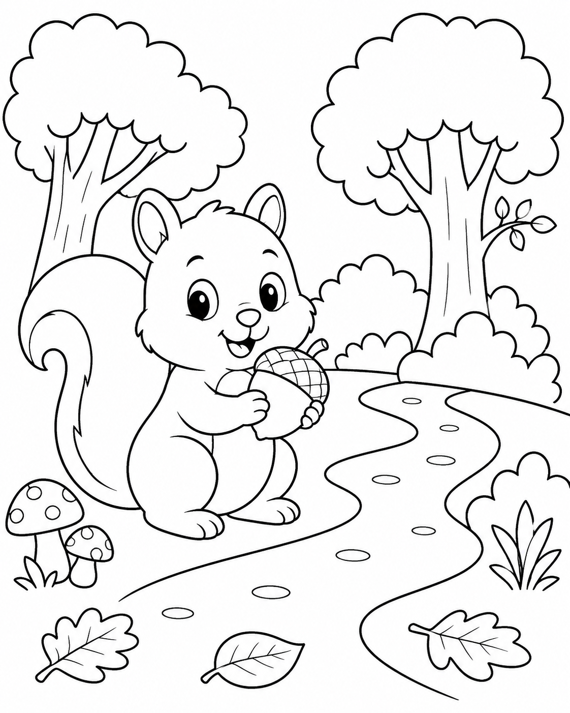 Squirrel by the Stream printable coloring page line art