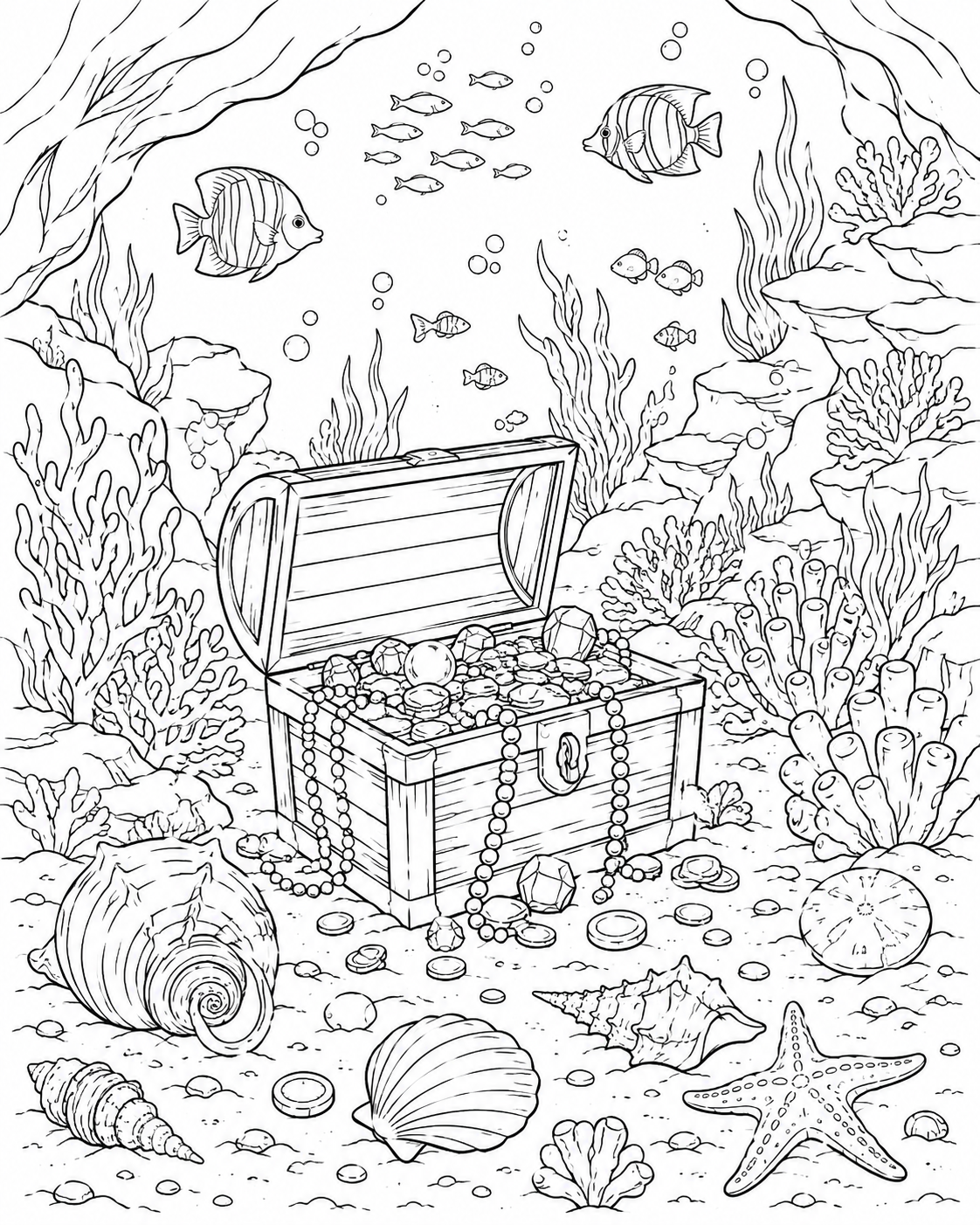 Sunken Treasure Chest printable coloring page line art