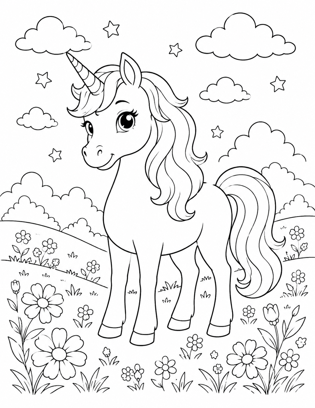 Unicorn in the Clouds printable coloring page line art