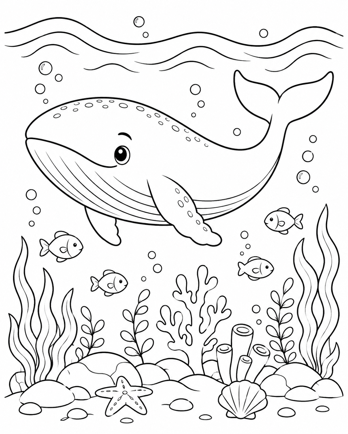 Whale Underwater printable coloring page line art
