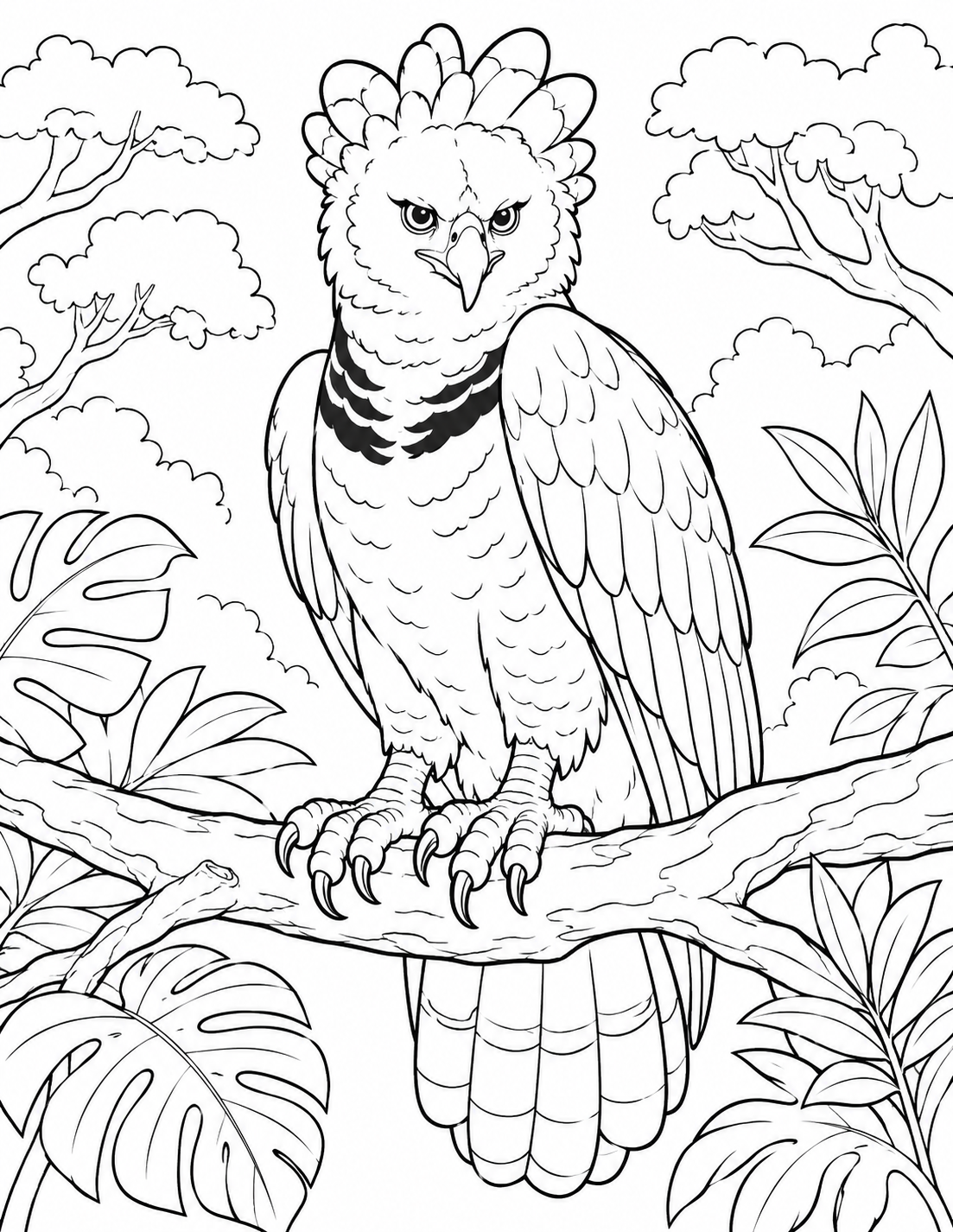 Harpy Eagle in the Canopy printable coloring page line art