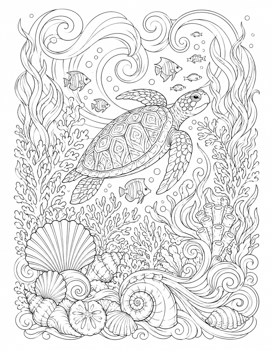 Intricate Ocean Tapestry printable coloring page line art