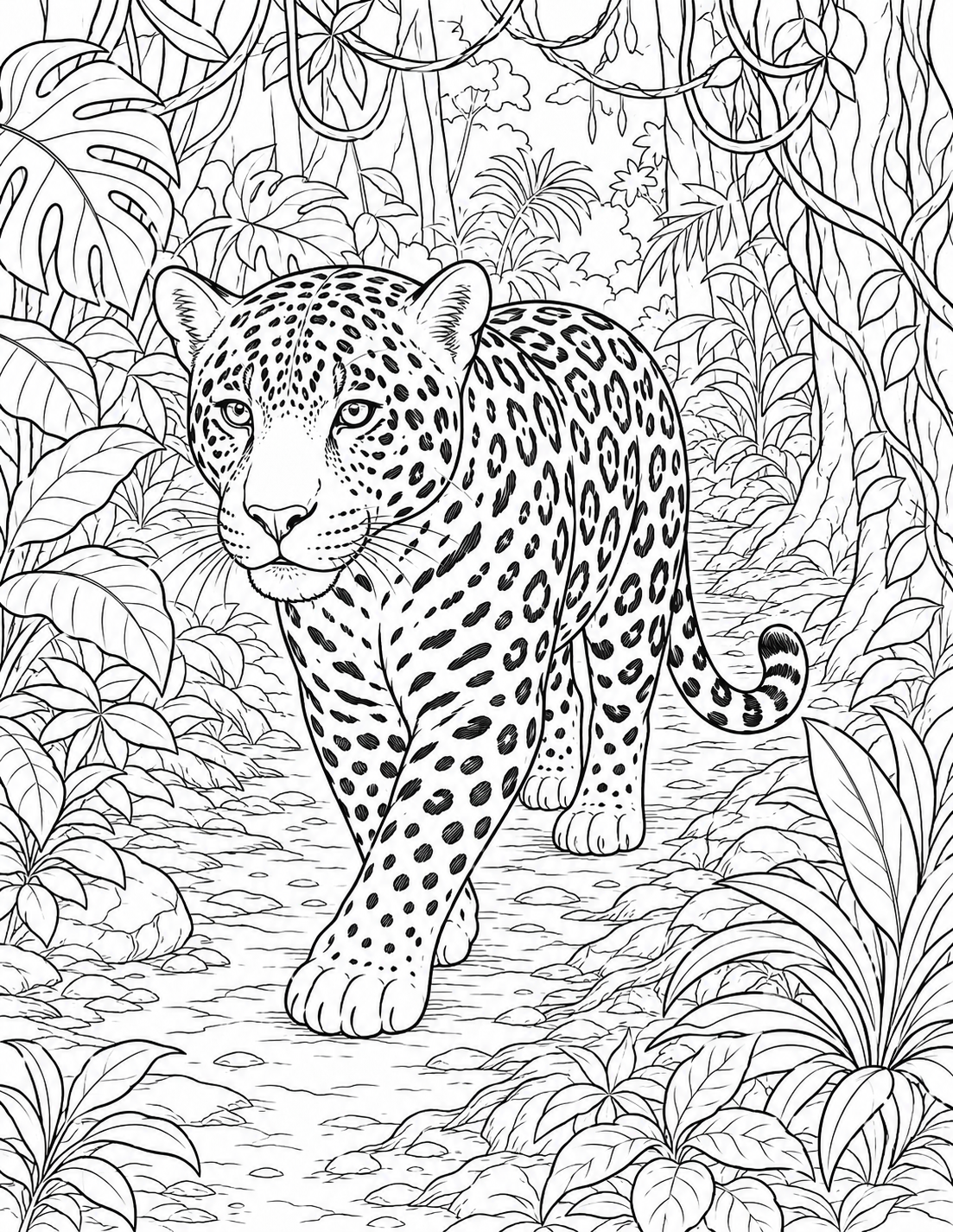Jaguar Rainforest Path printable coloring page line art
