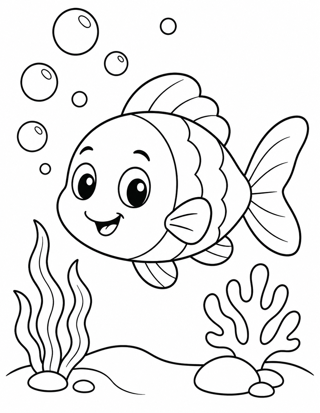 Little Fish Bubbles printable coloring page line art