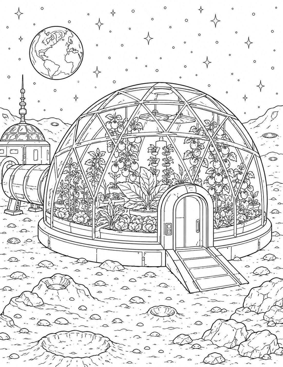 Moon Base Greenhouse printable coloring page line art