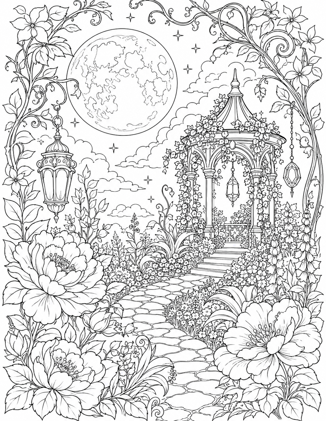 Mythic Moon Garden printable coloring page line art