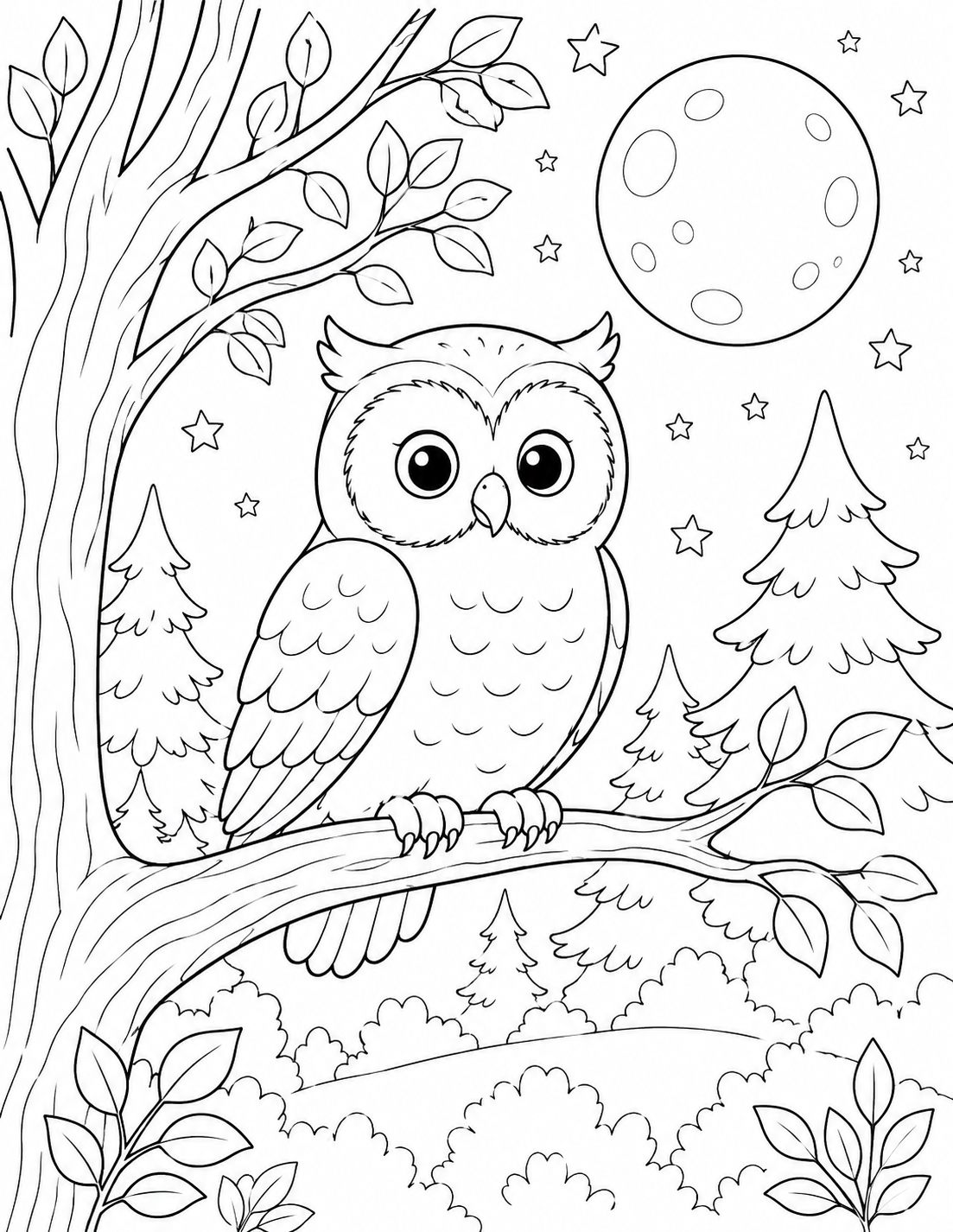 Owl in a Moonlit Forest printable coloring page line art