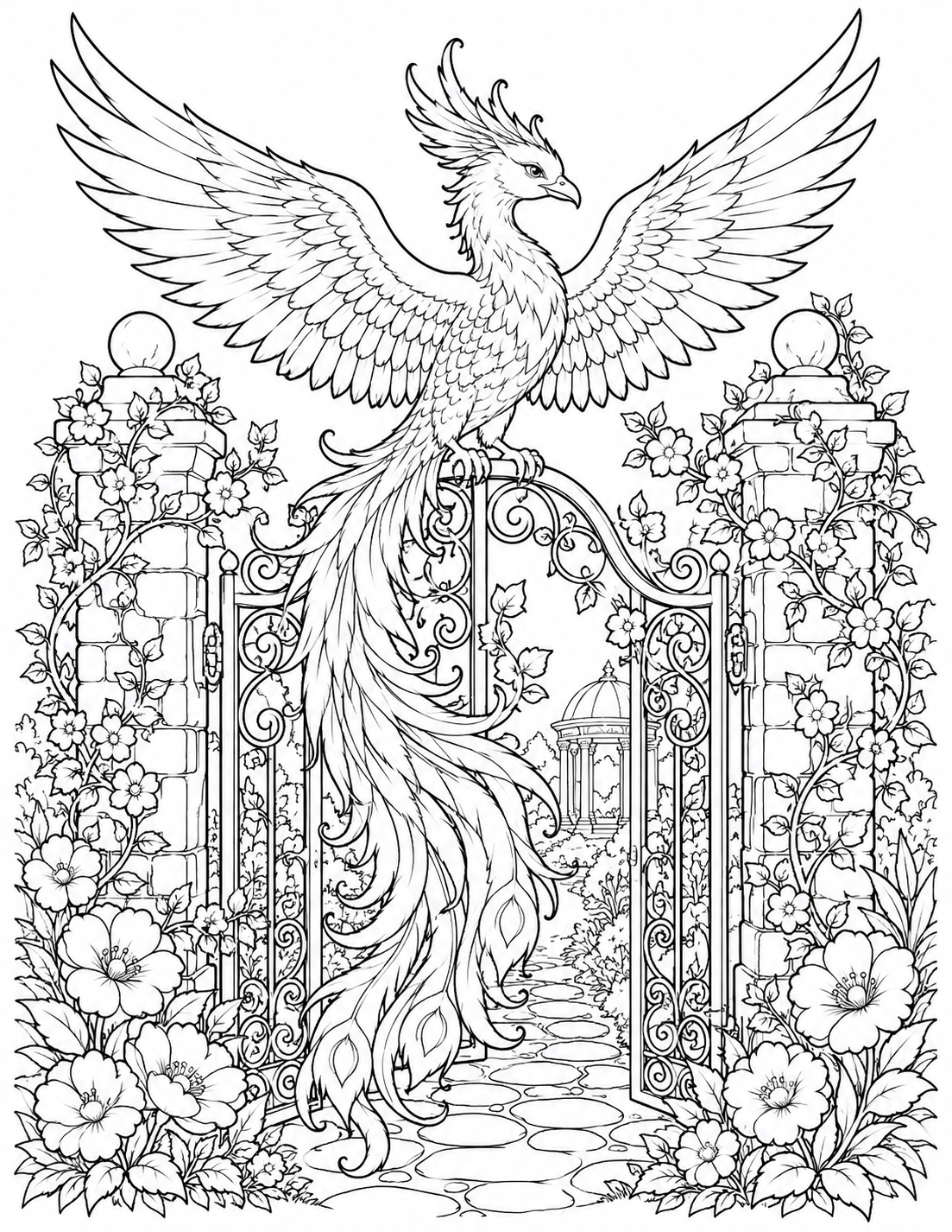 Phoenix Garden Gate printable coloring page line art