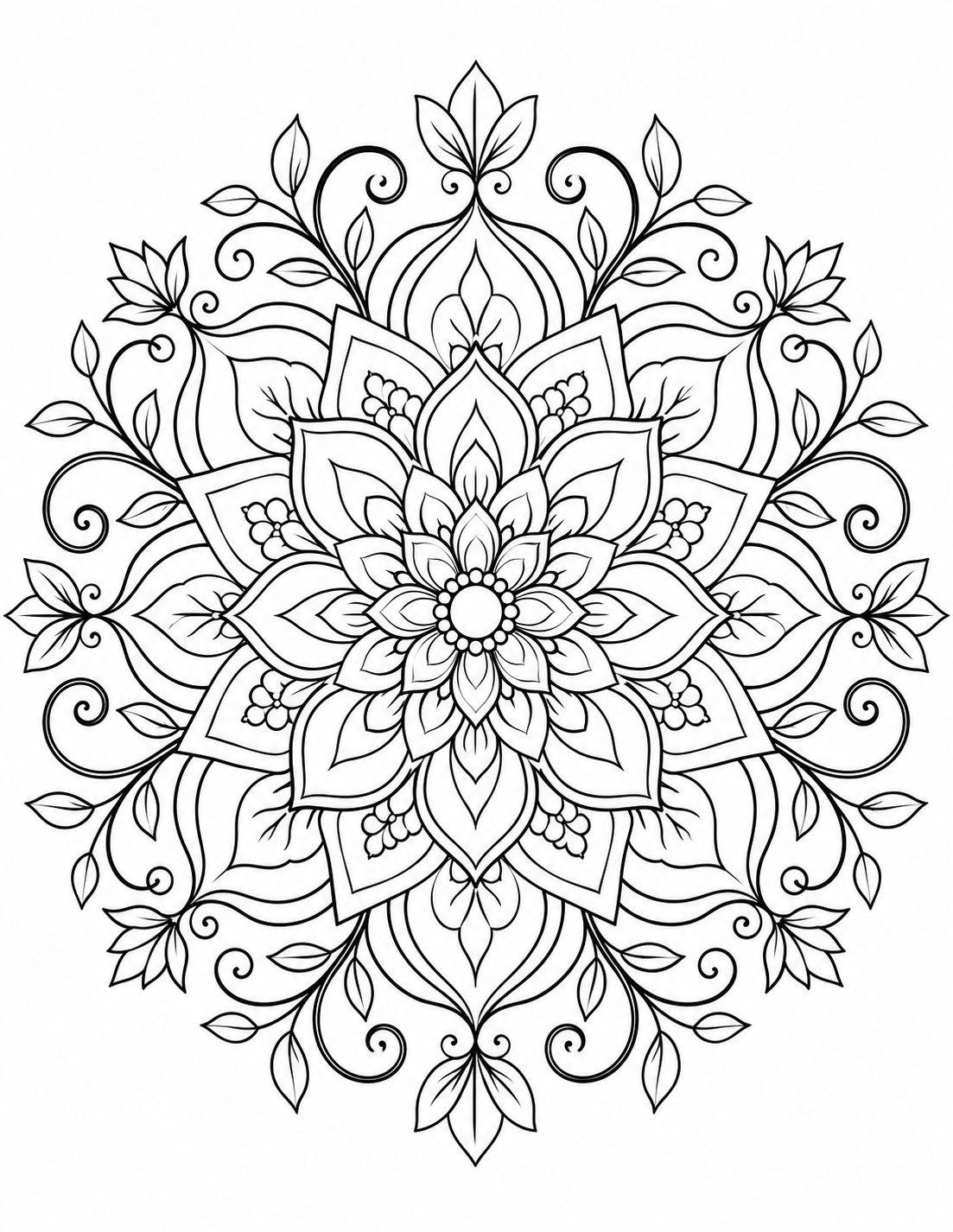 Symmetry Bloom Mandala printable coloring page line art