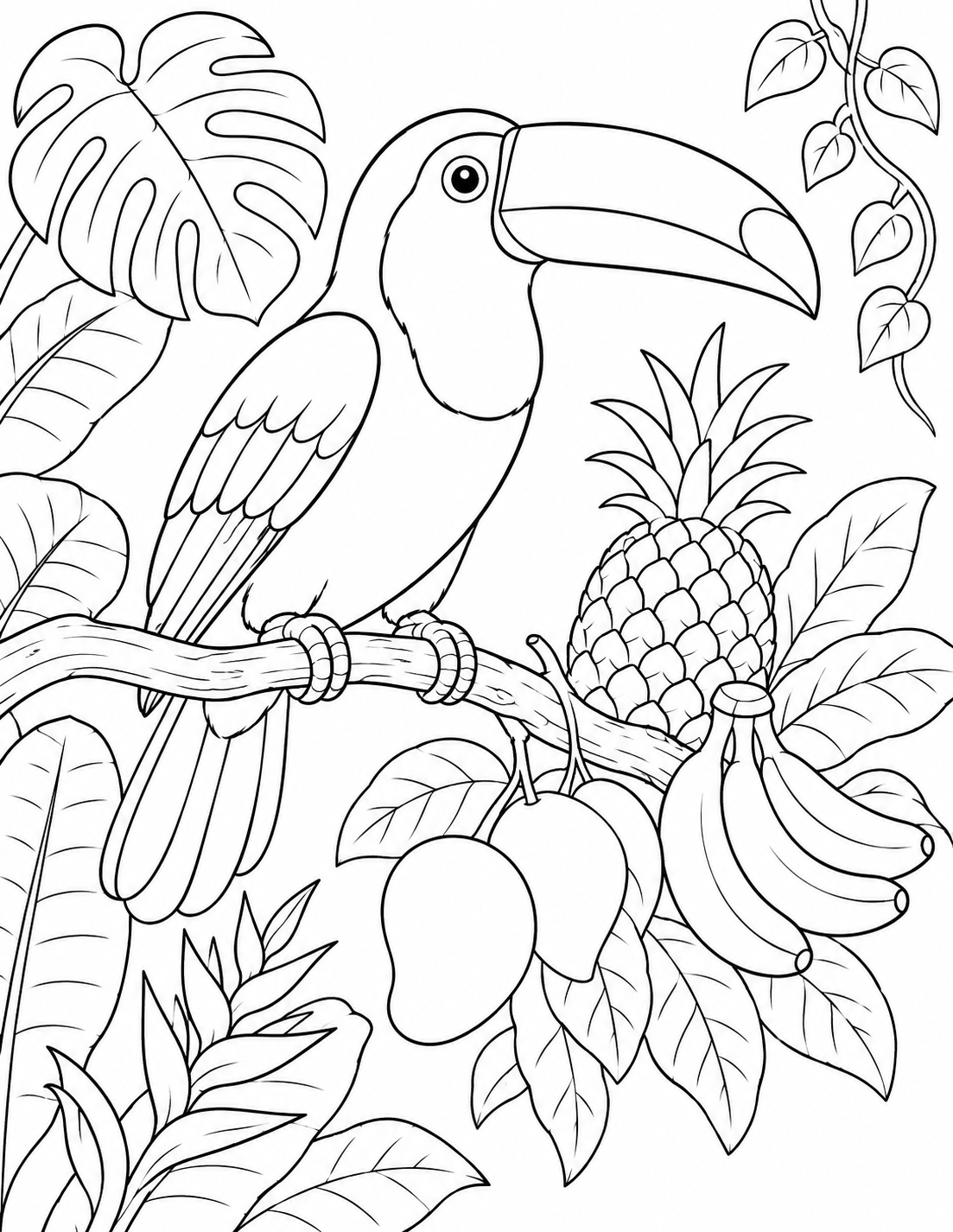 Toucan Fruit Branch printable coloring page line art