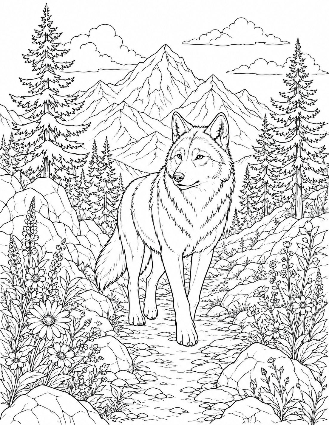 Wolf Mountain Trail printable coloring page line art