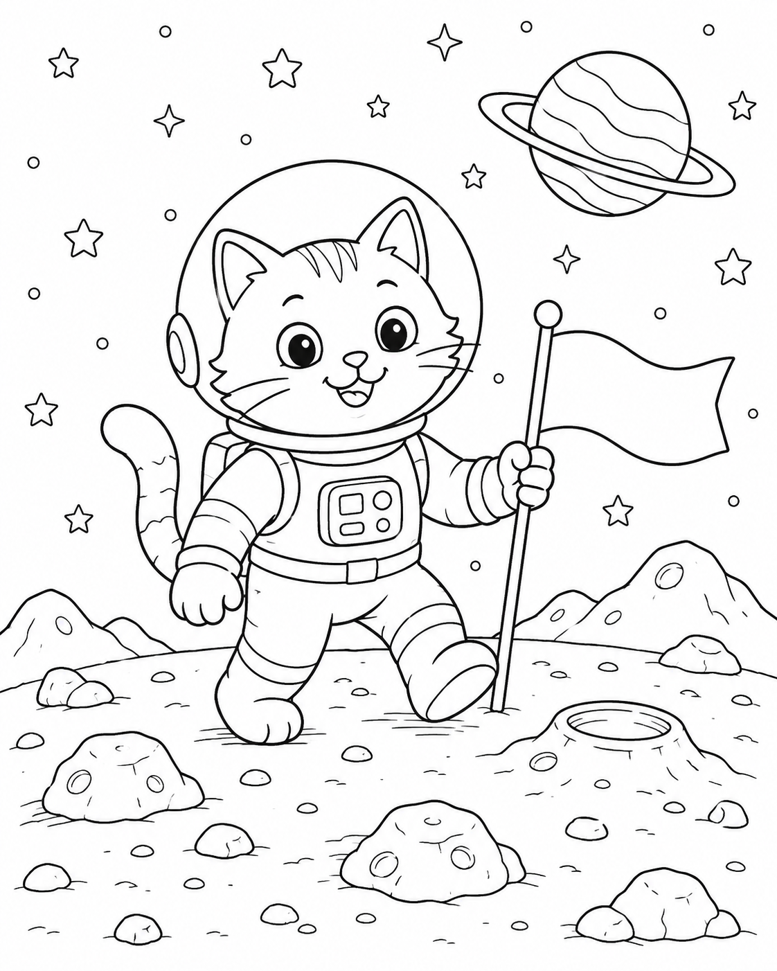 Astronaut Cat Explorer printable coloring page line art