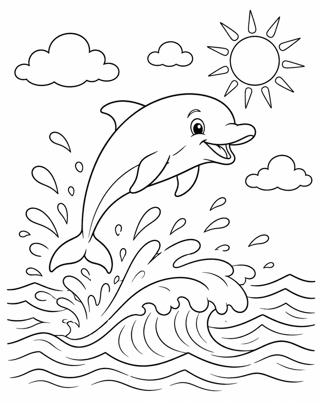 Dolphin Jumping Waves printable coloring page line art