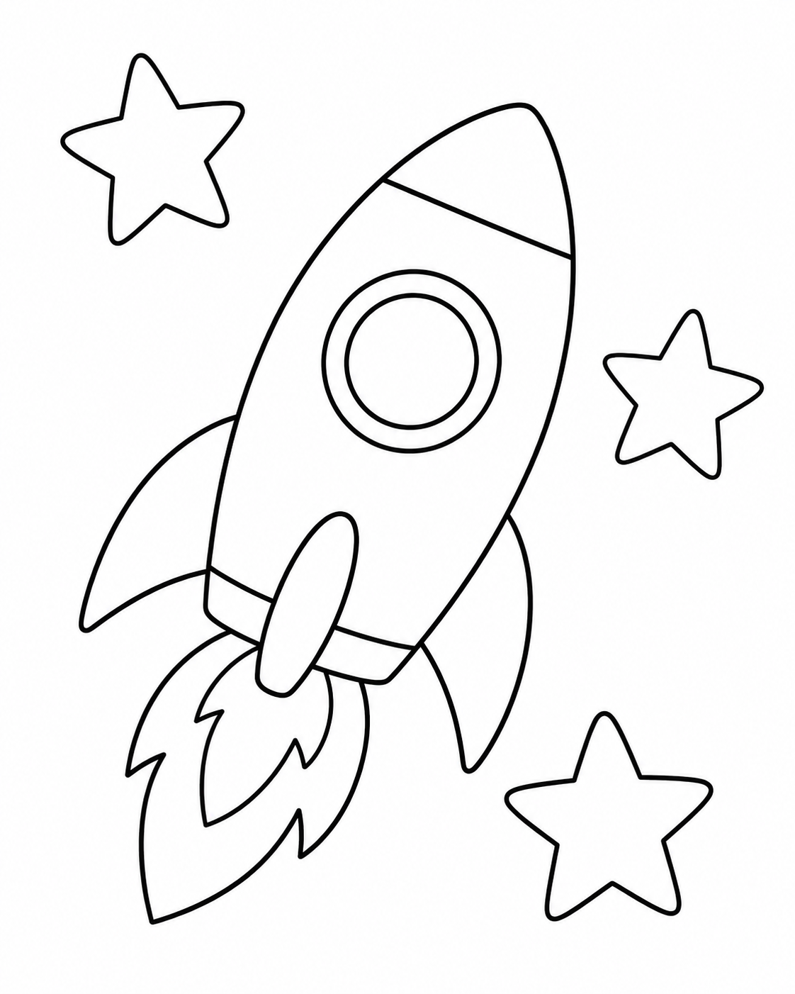 Rocket With Three Stars printable coloring page line art